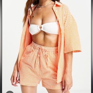 Womens Beach Shirt and Shorts Set Orange and White Check Size Small